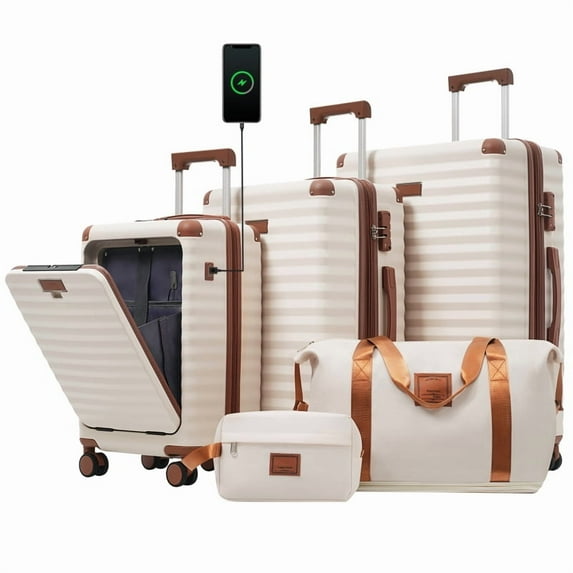 Luggage Sets 5 Piece with Front Opening , Hardside Expandable Carry on Suitcase with Spinner Wheels TSA Lock USB Port Cup Holder Duffel Bag and Toiletry Bag