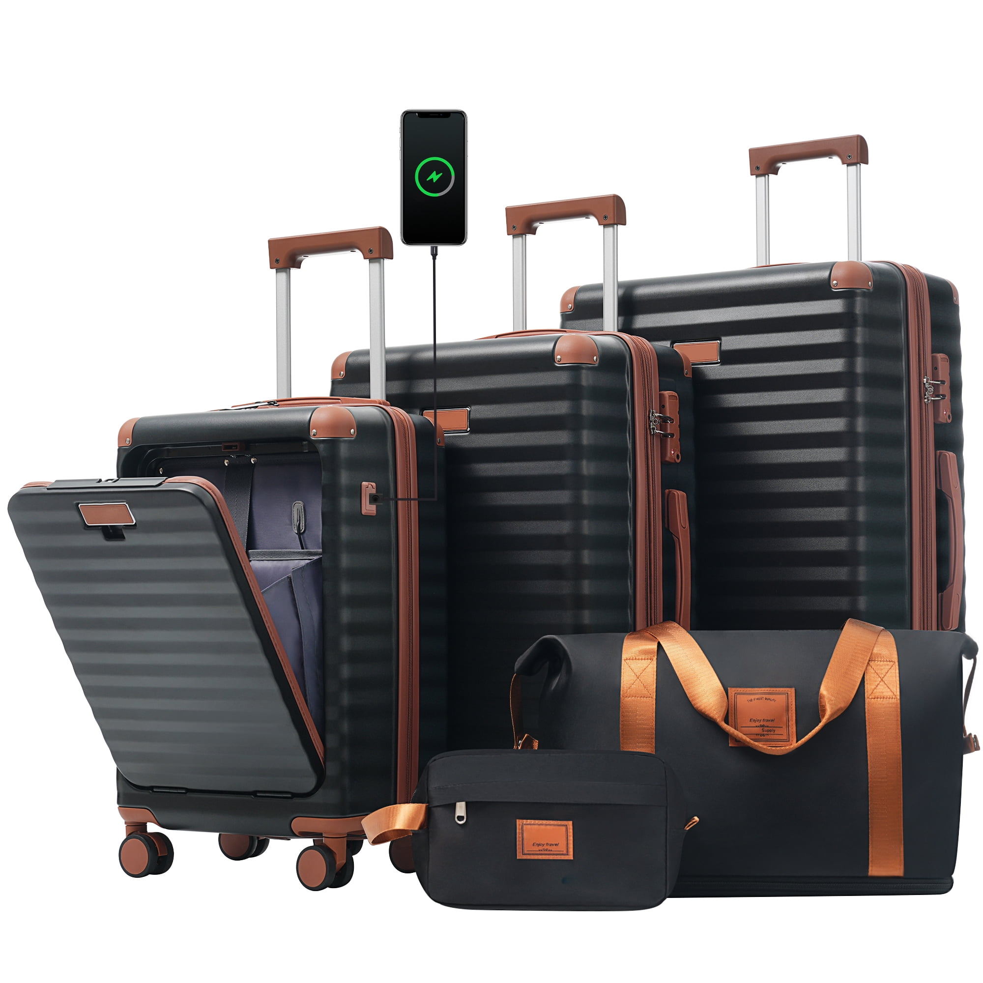 Luggage Sets 5 Piece with Front Opening , Hardside Expandable Carry on Suitcase with Spinner Wheels TSA Lock USB Port Cup Holder Duffel Bag and Toiletry Bag