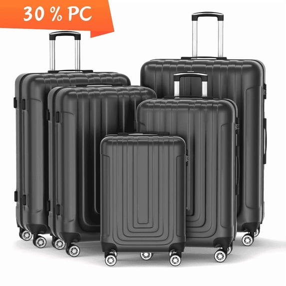 Luggage Sets 5 Piece Hardshell with TSA Lock 30%PC ABS Suitcase with Spinner Wheels 20 26 28 30 32 inch Carry on Luggage Black