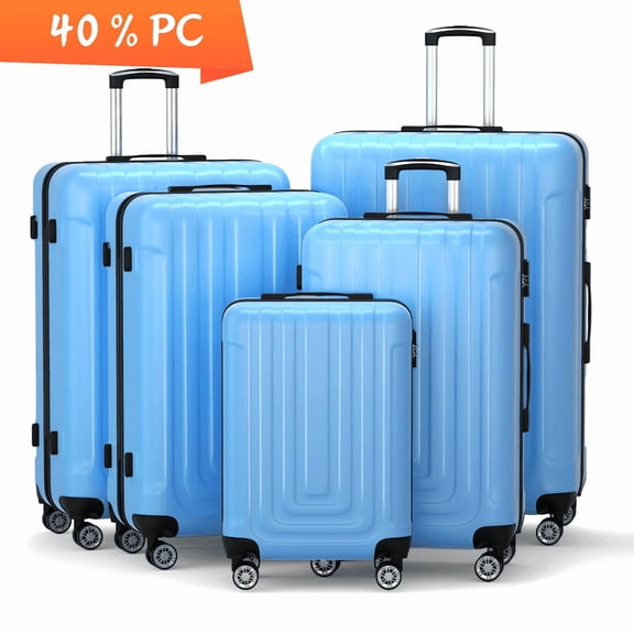 Luggage Sets 5 Piece Hardshell with TSA Lock 40%PC ABS Suitcase with Spinner Wheels 20 26 28 30 32 inch Carry on Luggage Blue