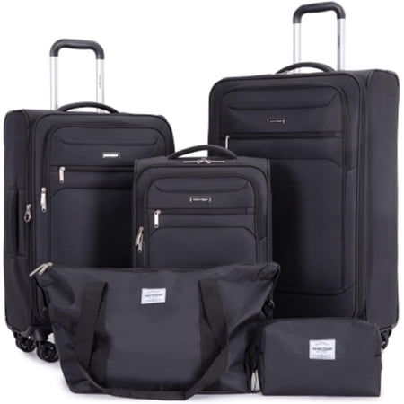 Luggage Sets 5 Piece Softside Expandable Suitcases Set with Spinner Wheels , Lightweight Soft Shell Rolling Travel Luggage Set Clearance for Men and Women,(18/23/27/Travelbag /toiletry bag) (Black)