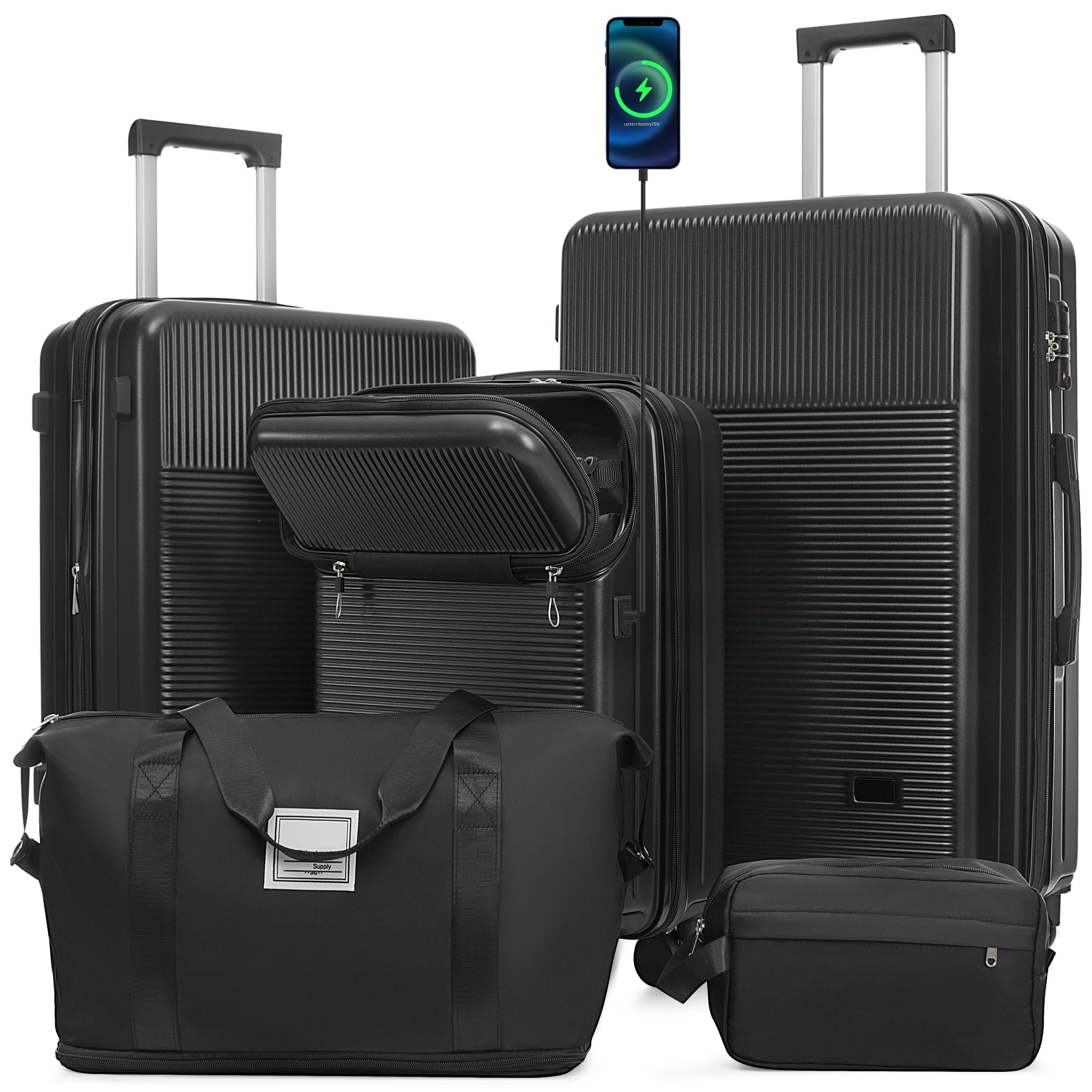 Luggage Sets 5 Piece with Half-opening, Hardside Carry On Suitcase Set with Double Spinner Wheel, Lightweight Travel Luggage with USB Port, TSA Locks