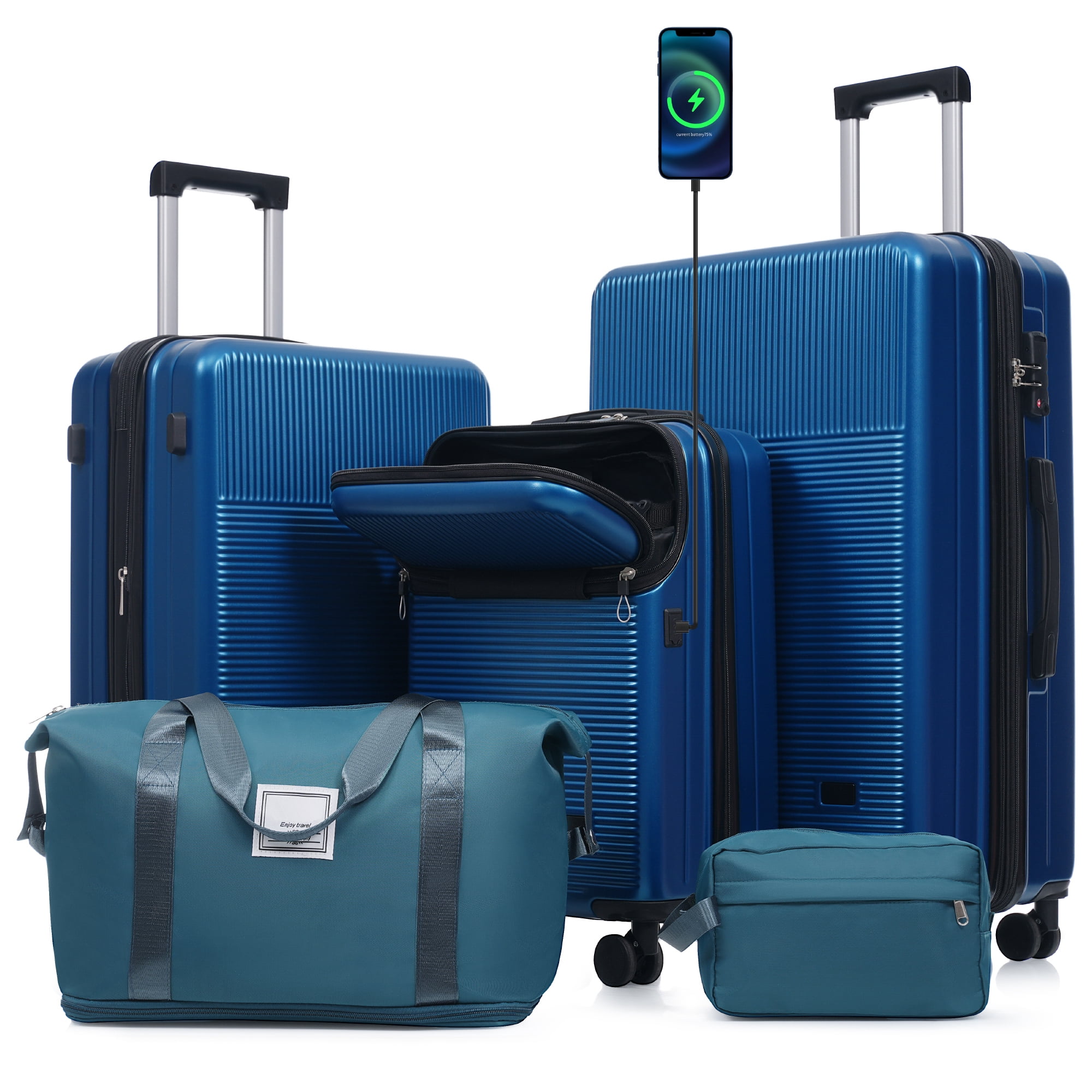 Luggage Sets 5 Piece with Half-opening, Hardside Carry On Suitcase Set with Double Spinner Wheel, Lightweight Travel Luggage with USB Port, TSA Locks