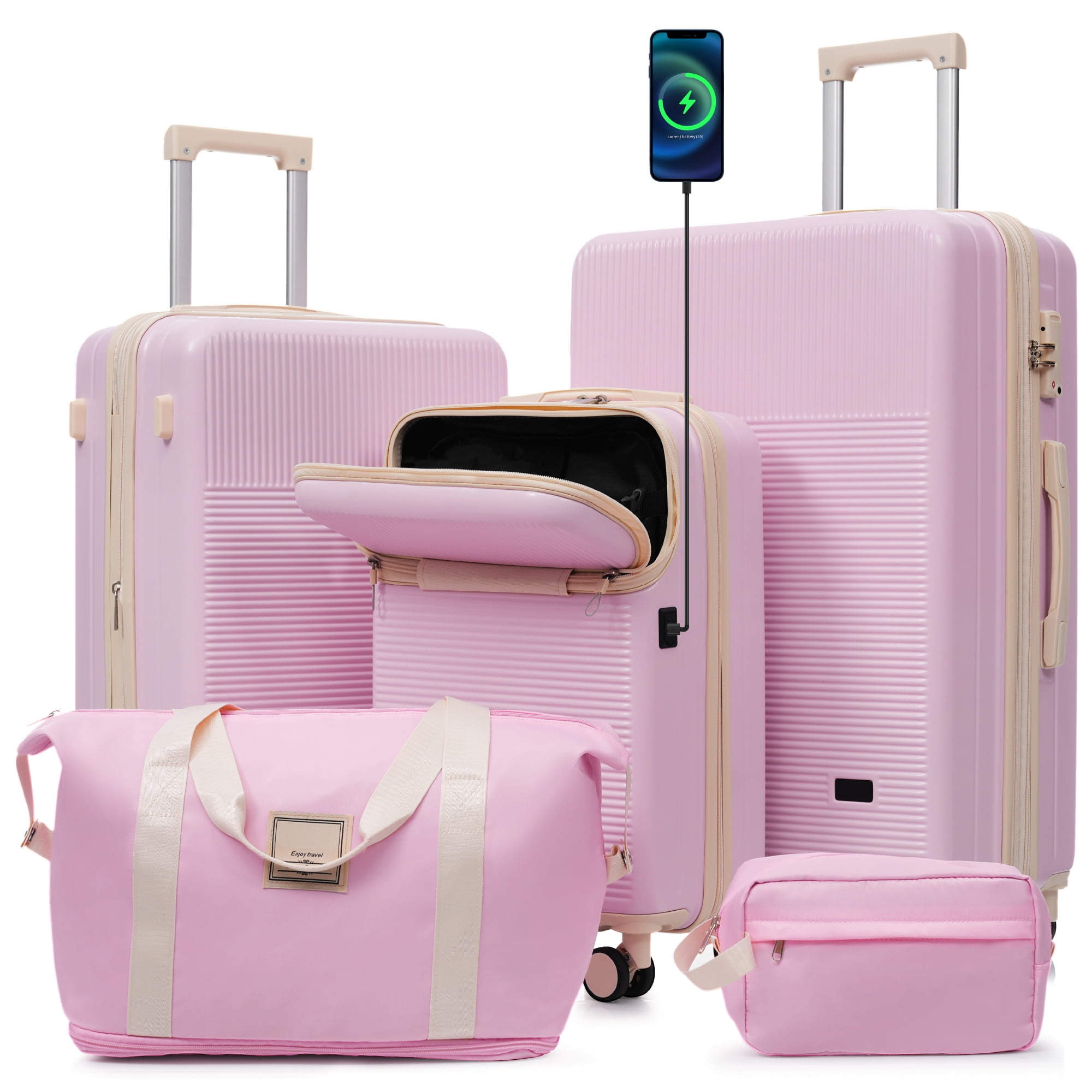 Luggage Sets 5 Piece with Half-opening, Hardside Carry On Suitcase Set with Double Spinner Wheel, Lightweight Travel Luggage with USB Port, TSA Locks