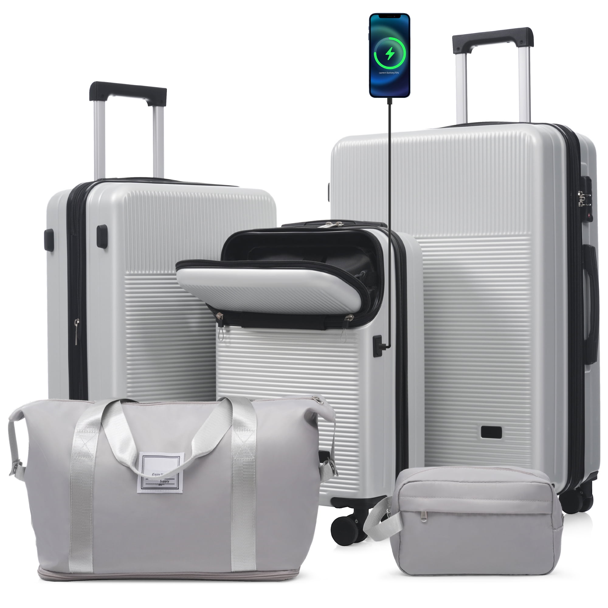 Luggage Sets 5 Piece with Half-opening, Hardside Carry On Suitcase Set with Double Spinner Wheel, Lightweight Travel Luggage with USB Port, TSA Locks