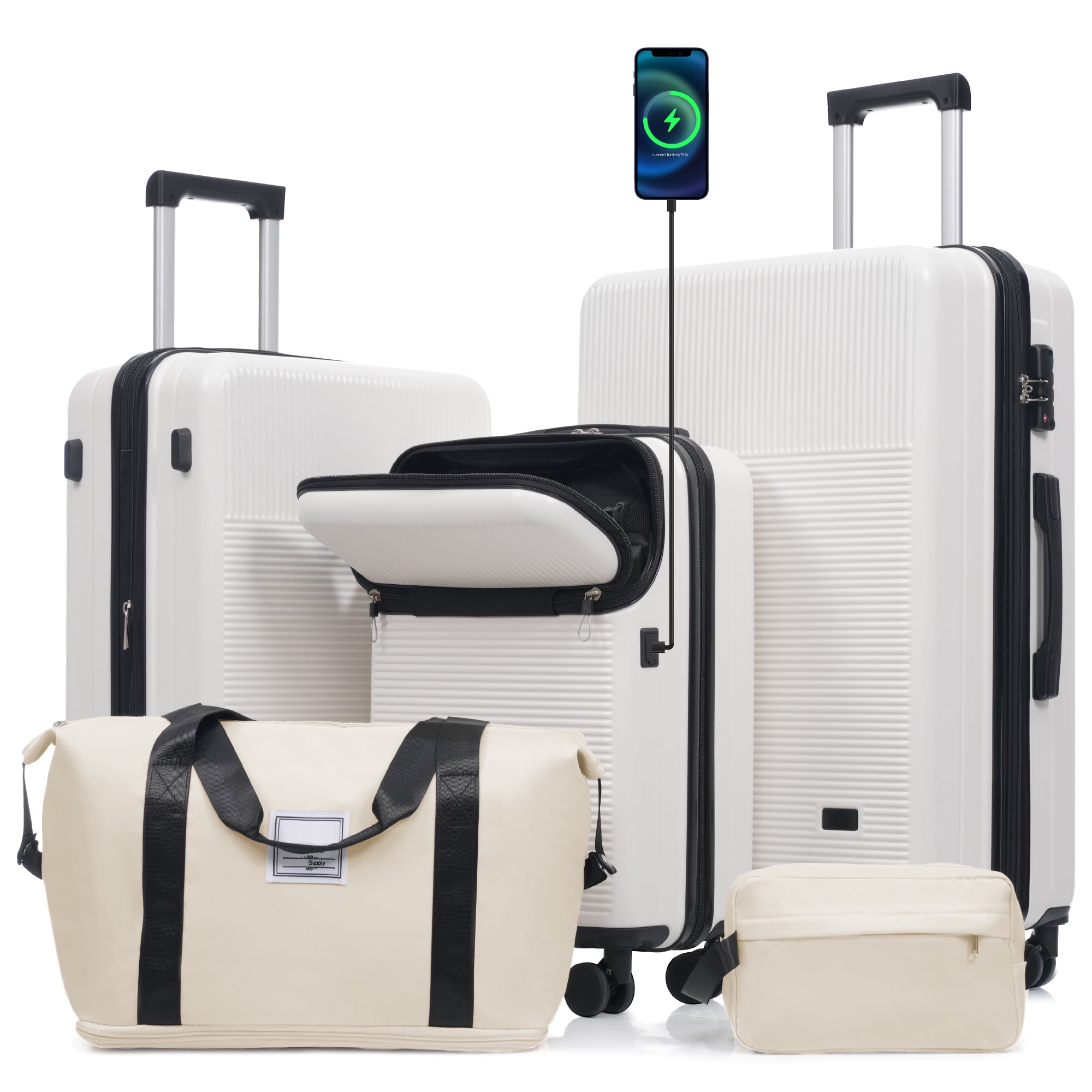 Luggage Sets 5 Piece with Half-opening, Hardside Carry On Suitcase Set with Double Spinner Wheel, Lightweight Travel Luggage with USB Port, TSA Locks