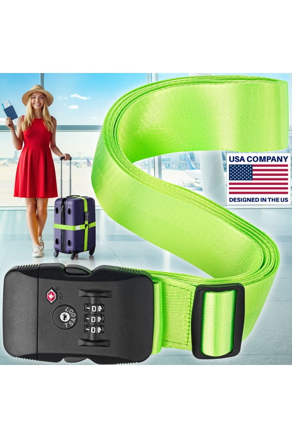 Luggage Strap with TSA Approved Lock, 7 to 13 ft Adjustable, Neon Green by BlueCosto