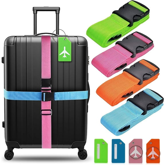 Luggage Straps 8Pack TSA Approved Adjustable Suitcase Belts Travel Packing Belt with Buckle Closure Baggage Security Straps 4 Colors + 4 Luggage Tags