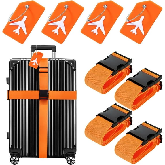 Luggage Straps and Suitcase Taps Set, 4 Set of Adjustable Belts and Silicone Luggage Tags with Name ID Card for Suitcase Accessories (Orange)