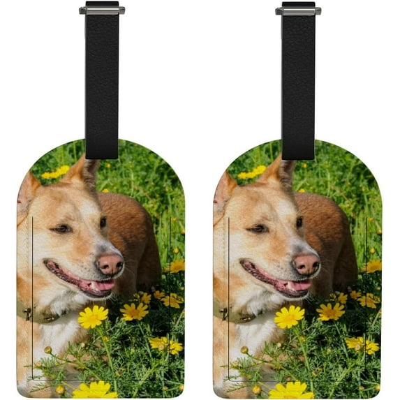 Luggage Tag Brown Dog Yellow Flowers Full Back Privacy Name ID Card Suitcase Labels Leather Travel Tags 2 Pack Decoration
