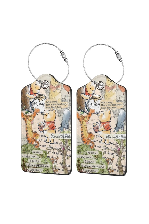 Luggage Tag Travel ID Label, Winnie The Pooh PU Leather for Baggage Suitcase Backpack Bag 2 Piece