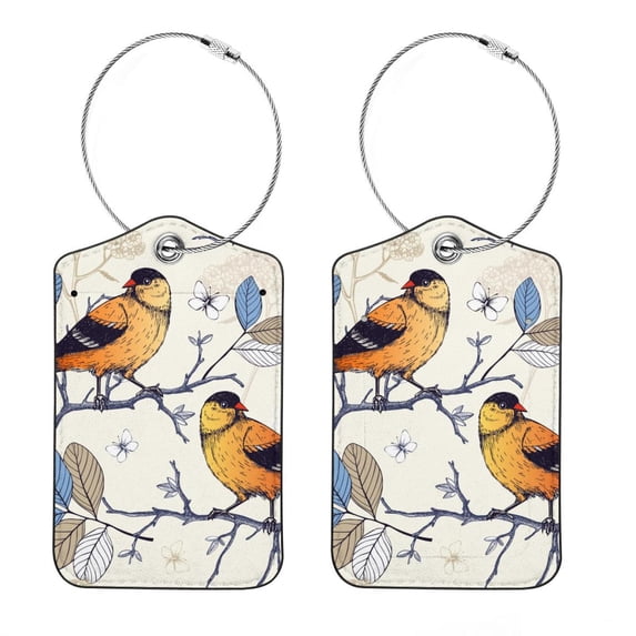 Luggage Tag, Travel Tags, Handbag Tag - Square PU Leather 2 Pack with Privacy Cover and Stainless Steel Ring - Suitable for Travel, Backpack, Handbag [Amazon Approved] Bird Pattern