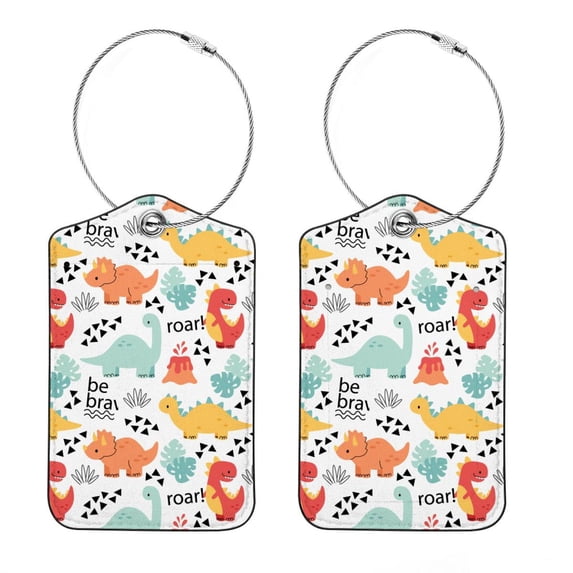 Luggage Tag, Travel Tags, Handbag Tag - Square PU Leather 2 Pack with Privacy Cover and Stainless Steel Ring - Suitable for Travel, Backpack, Handbag [Amazon Approved] Dinosaur