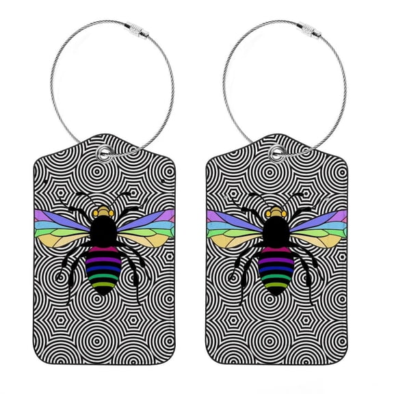 Luggage Tag, Travel Tags, Handbag Tag - Square PU Leather 2 Pack with Privacy Cover and Stainless Steel Ring - Suitable for Travel, Backpack, Handbag [Amazon Approved] Geometric Bee