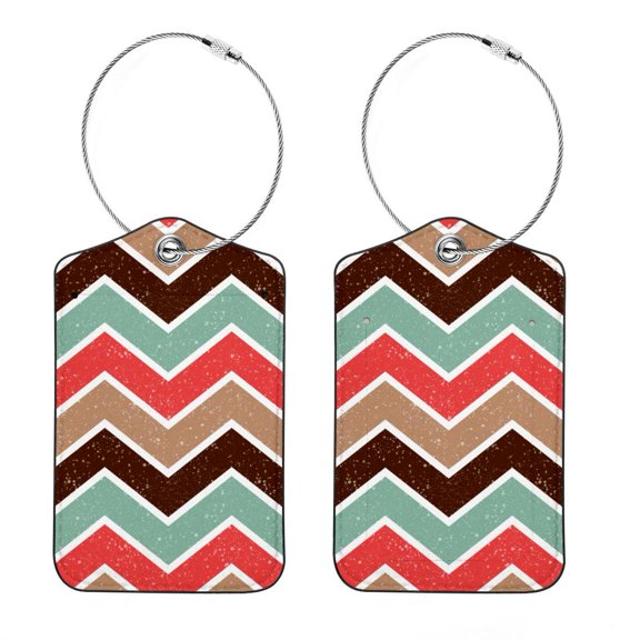 Luggage Tag, Travel Tags, Handbag Tag - Square PU Leather 2 Pack with Privacy Cover and Stainless Steel Ring - Suitable for Travel, Backpack, Handbag [Amazon Approved] Rainbow Wave Chevron