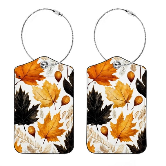 Luggage Tag, Travel Tags, Handbag Tag - Square PU Leather 2 Pack with Privacy Cover and Stainless Steel Ring - Suitable for Travel, Backpack, Handbag [Amazon Approved] Thanksgiving Leaves