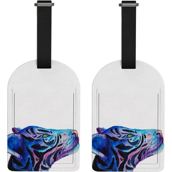 Luggage Tag Watercolor Tiger in Galaxy Full Back Privacy Name ID Card Suitcase Labels Leather Travel Tags 2 Pack Decoration