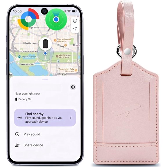 Luggage Tag with -in , Works with Find My & Android, Leather Travel Tag with Cover, Rechargeable Anti-Lost Locator for Suitcases, Bag & Backpacks