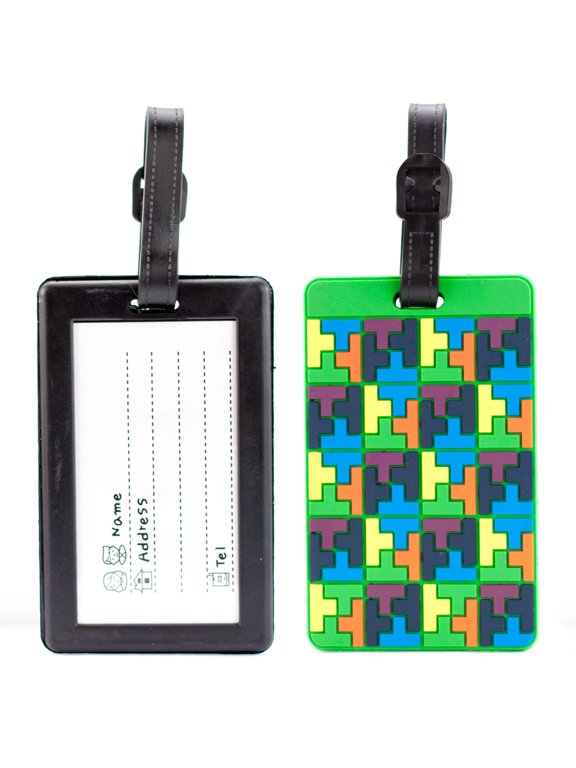 Luggage Tags Card Holder - Colorful Travel ID Bag Tags - Set of 2 (Tetris Style)
