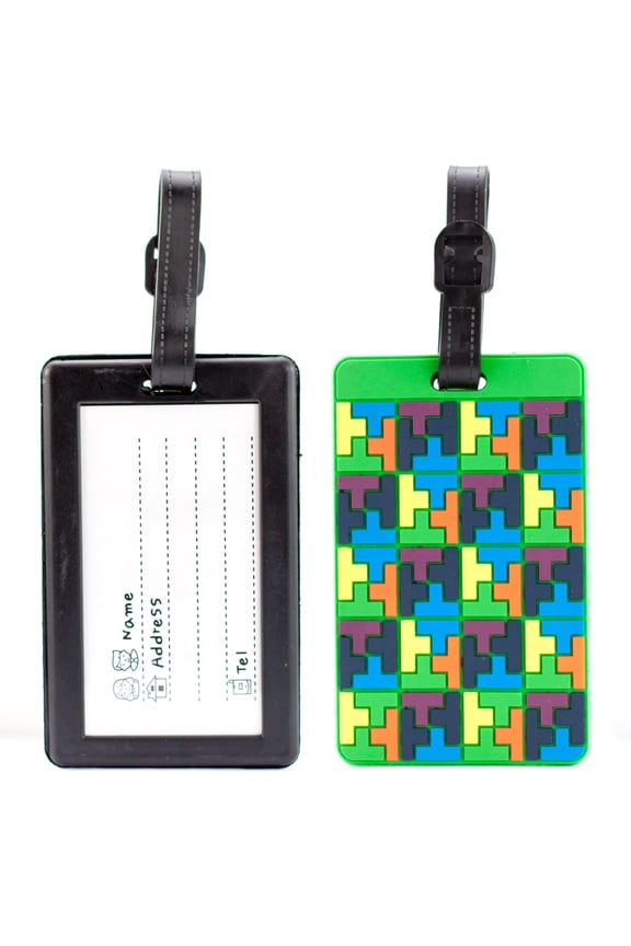 Luggage Tags Card Holder - Colorful Travel ID Bag Tags - Set of 2 (Tetris Style)