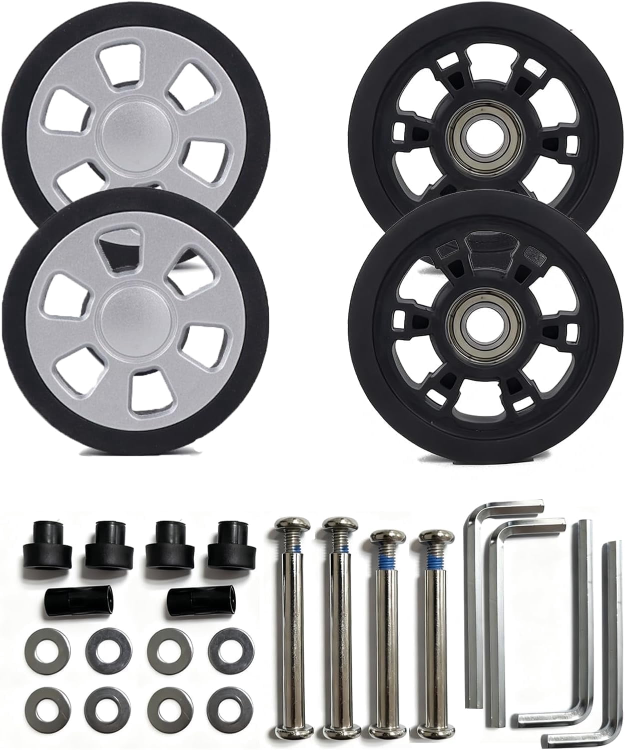 Luggage Wheels Replacement Kit 55mm x 12mm Black Rubber Wheel with Screws Axles Bearings Wear Resistant Mute Suitcase Wheels for Replacement Luggage Suitcase Caster Sliver 4pcs