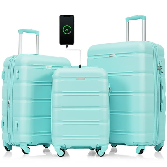 Luggage with USB Port Airline Certified Carry-on Luggage with Cup Holder, ABS+PC Hard Shell Luggage with Spinner Wheels, Set of 3 Blue