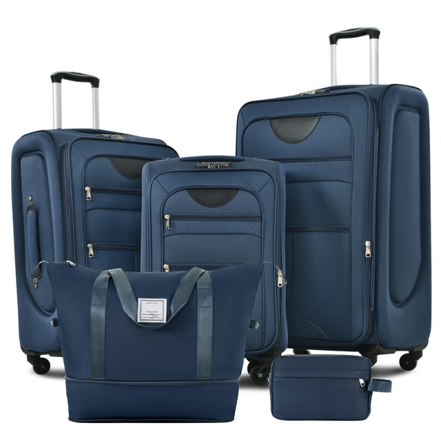 Luggages Set of 5, Softshell Suitcase with TSA Lock and Upright Spinner for Men Women, Carry On Luggages for Travel, (20"+24"+28"+a Travel Duffel Bag+a Toiletry Bag), Dark Blue