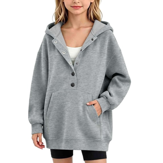 Luhomi Oversized Sweatshirt for Girls Button up Long Sleeve Pullover Hoodie Kids Fall Winter Fashion Clothes(Gray,5-6 Years)