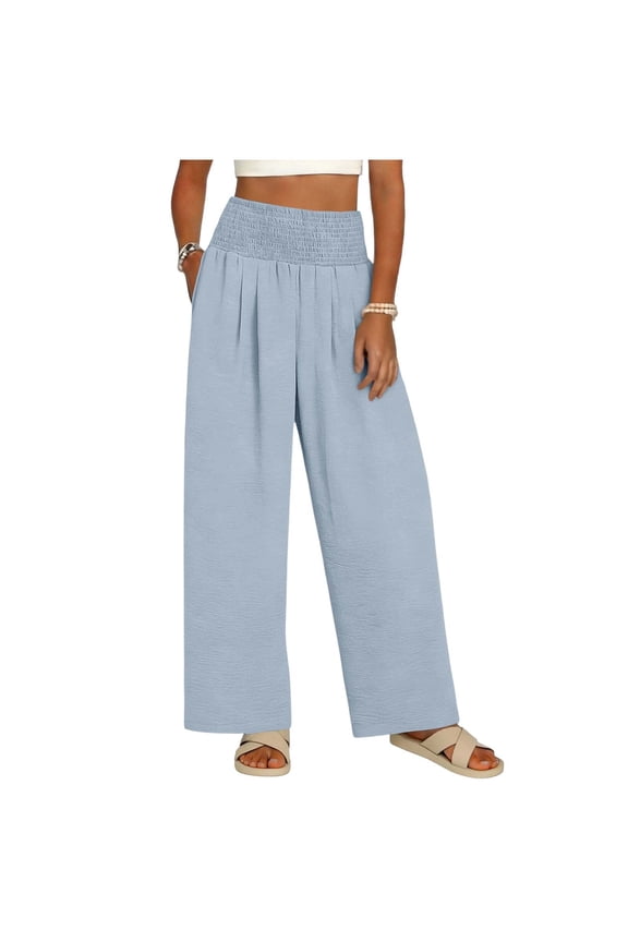 Women Summer High Waisted Palazzo Pants Wide Leg Long Lounge Pant Trousers Beach Vacation Clothes with Pockets