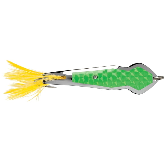Luhr-Jensen Pet Spoon 036 Spoon Yellow Feather Chrome / Flo. Green Prism-Lite