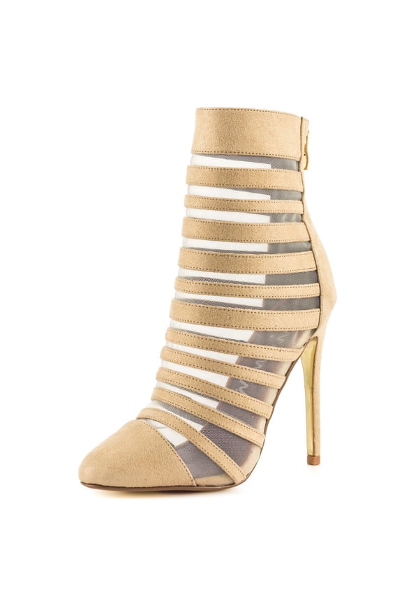 Carried Away Nude Natural Sheer Mesh Slits High Heel Sexy Dress Booties (Natural, 5)