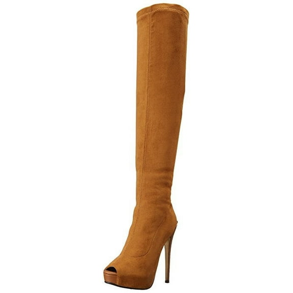 Luichiny Case Closed Camel Tan Over Knee Fitted Stretch Peep Toe Knee High Boots (6)