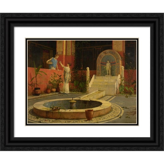 Luigi Bazzani 18x15 Black Ornate Wood Framed Double Matted Museum Art Print Titled - Picking Flowers from the Courtyard