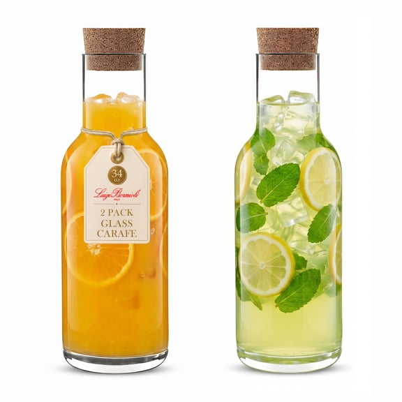 Luigi Bormioli Sublime 34 oz Glass Carafe with Cork Stopper, Set of 2 - Lead-Free Crystal Wine Decanter for Water, Juice & Infused Drinks - 10.4" Italian Clear Glass Serveware Bottle