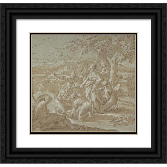 Luigi Garzi 16x15 Black Ornate Wood Framed Double Matted Museum Art Print Titled - The Finding of Moses (1638-1721)