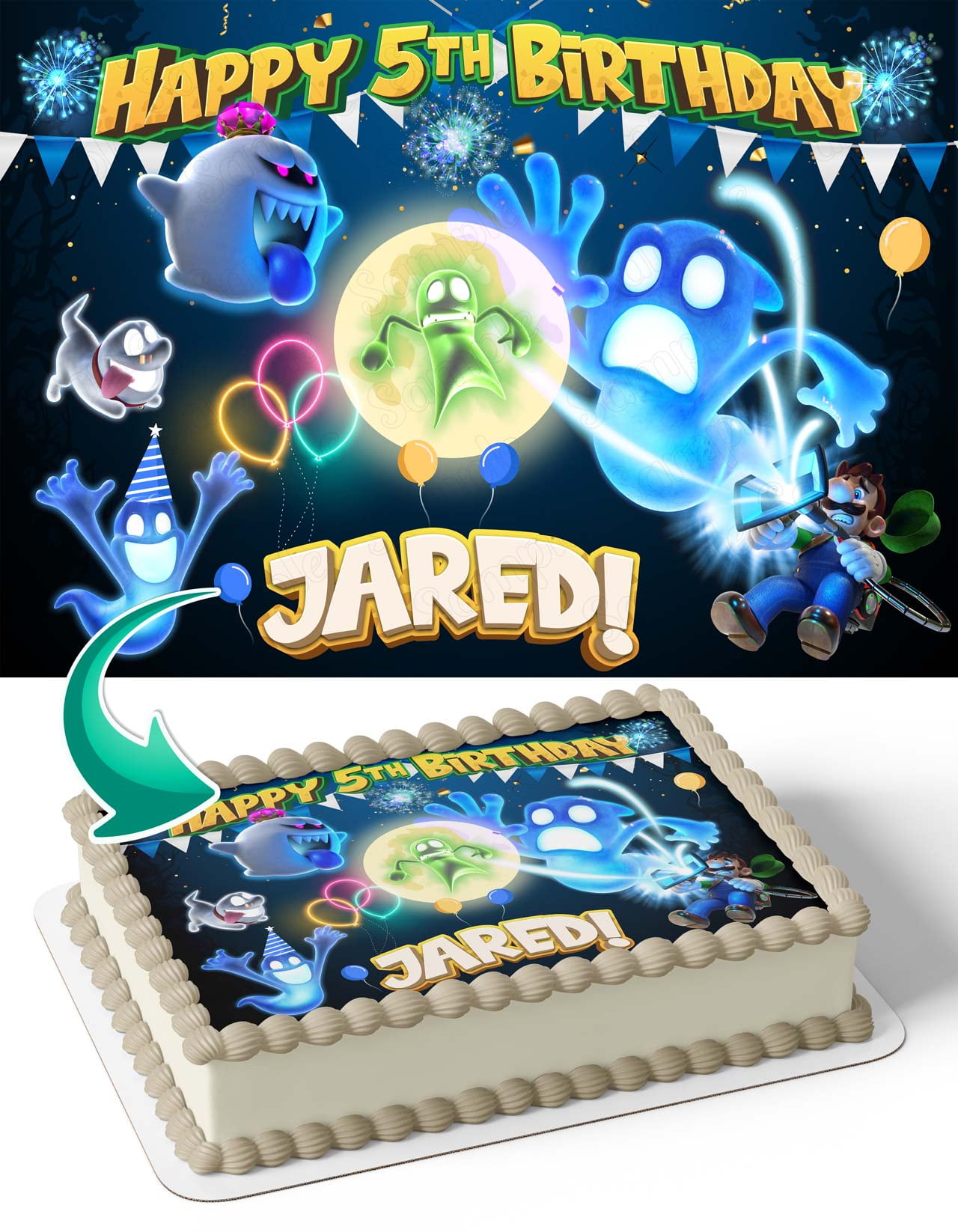 Luigi Mansion Mario Bros Scary Edible Image Cake Topper Personalized Birthday Sheet Decal Banner 1/4 Sheet