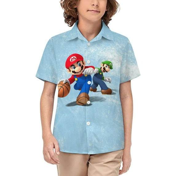 Luigi Mario Kid's Short Sleeved Shirt Summer Daily Casual Button-Down Shirts Tee Top Teen Beach Clothing With Pocket