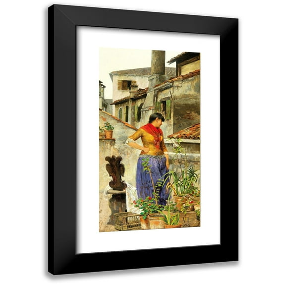 Luigi Pastega 11x18 Black Modern Framed Museum Art Print Titled - A Young Venetian Woman on a Roof Terrace