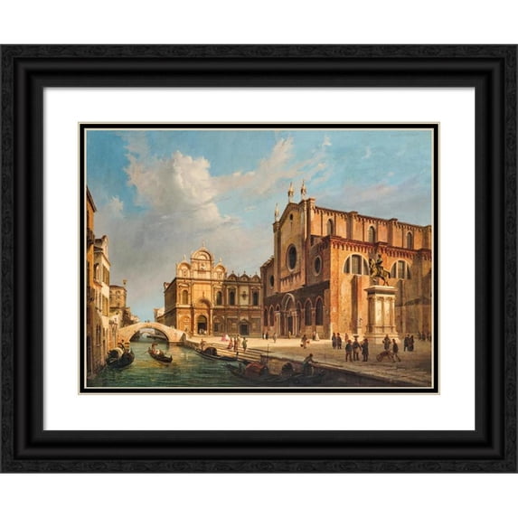 Luigi Querena 14x11 Black Ornate Wood Framed Double Matted Museum Art Print Titled: Venice, Campo Santi Giovanni and Paolo (1863)