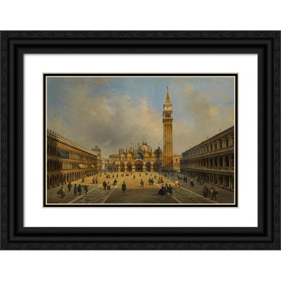 Luigi Querena 24x18 Black Ornate Framed Double Matted Museum Art Print Titled: Venice, a View of St. Mark's Square (1858)