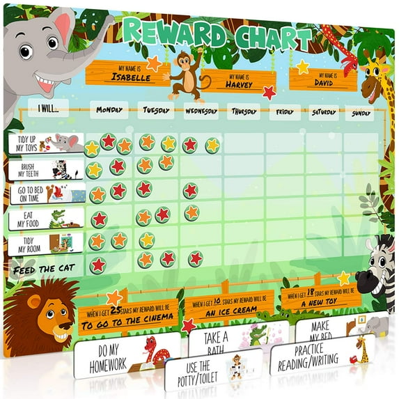 Luigi's Large Safari Animal Magnetic Reward Wall Chart with Choice of Magnets and Dry Erase Feature
