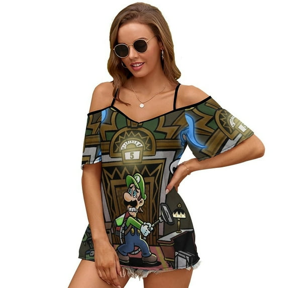 Luigi's Mansion Women's Cold Shoulder Tops T Shirts Chiffon Summer Off Shoulder Dress Short Sleeve Shirt 2XL