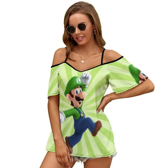 Luigi's Mansion Women's Cold Shoulder Tops T Shirts Chiffon Summer Off Shoulder Dress Short Sleeve Shirt M