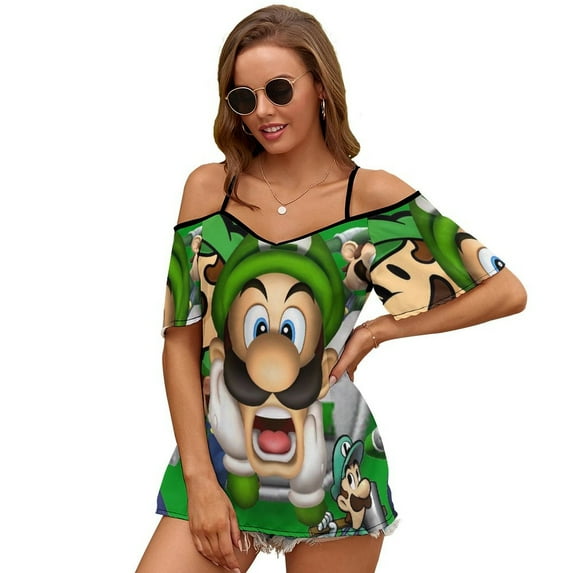 Luigi's Mansion Women's Cold Shoulder Tops T Shirts Chiffon Summer Off Shoulder Dress Short Sleeve Shirt S