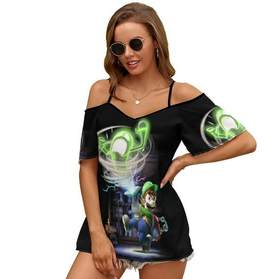 Luigi's Mansion Women's Cold Shoulder Tops T Shirts Chiffon Summer Off Shoulder Dress Short Sleeve Shirt S