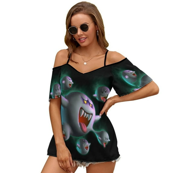 Luigi's Mansion Women's Cold Shoulder Tops T Shirts Chiffon Summer Off Shoulder Dress Short Sleeve Shirt S