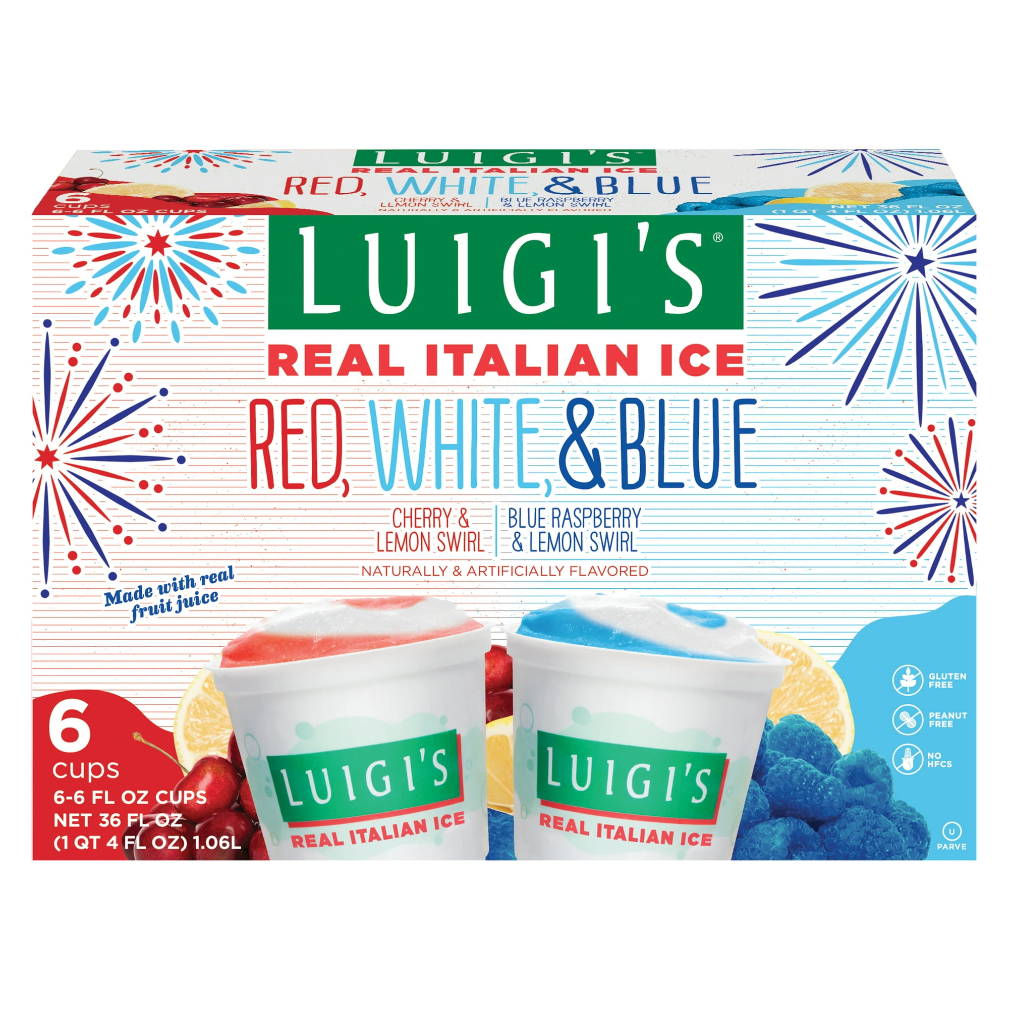 Luigi's Red, White, & Blue Real Italian Ice, 36 oz, 6 Count (Frozen)