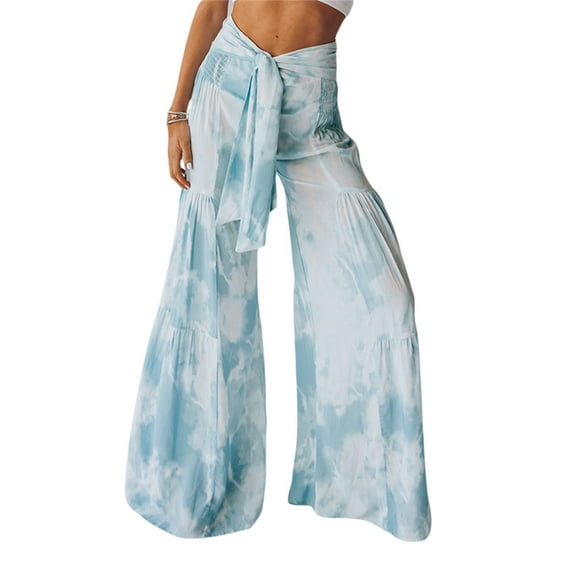 Luiryar Boho High Waist Pants for Women Floral Print Wide Leg Pants Loose Casual Tie Waist Palazzo Pants Beach Trousers