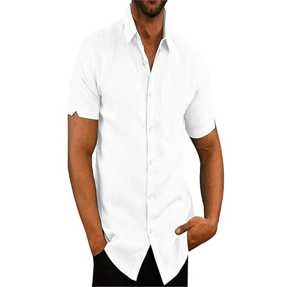 Luiryar Mens Short Sleeve Linen Cotton Shirts Solid Color Spread Collar Fishing Tees Button Down Shirts