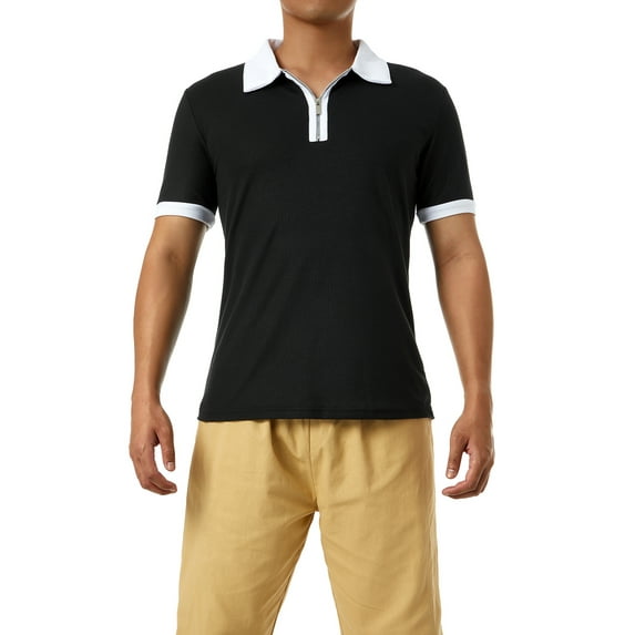 Luiryar Plus Size Men's Quarter Zip Polo Shirts Casual Short Sleeve Lapel Collar Contrast Color Slim Fit Tops